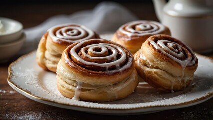 Delicious cinnamon rolls drizzled with icing on a decorative plate.
