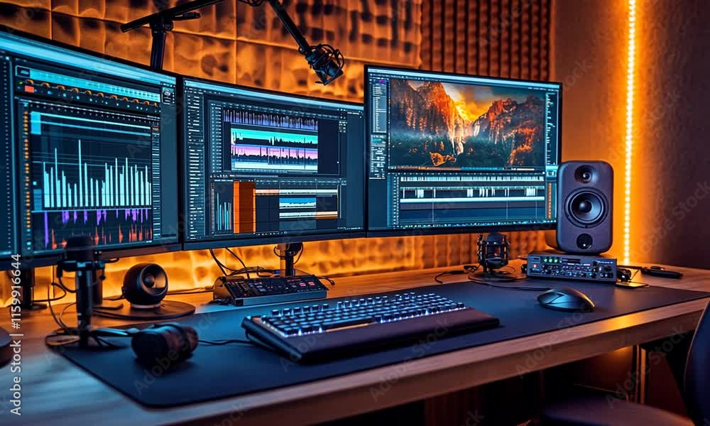 Poster a modern audio editing workspace with multiple screens and equipment.