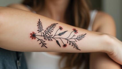 botanical tattoo design on a person's forearm. tattoo features wildflowers, ferns, leafy vines. has soft linework and shading modern and minimalist