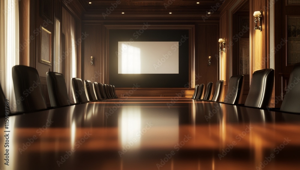 Aufkleber sunlit boardroom with empty chairs and large screen.