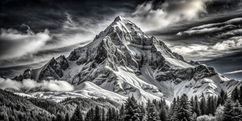 Stunning Black and White Snowy Mountain Peak Landscape Photography for Nature Lovers, Adventure Seekers, and Travel Enthusiasts - Breathtaking Scenery Captured in Monochrome Elegance