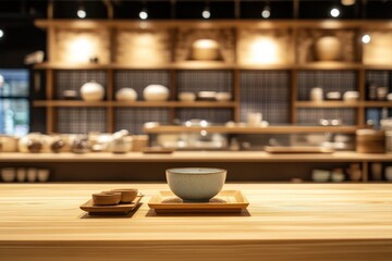 Teacup on wooden table in teahouse.