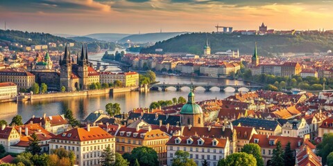 Naklejka premium Stunning Minimalist View of Prague: Charles Bridge, Vltava River, and Prague Castle from Petrin Hill Tower in the Czech Republic
