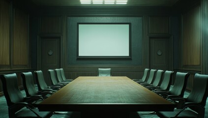 Empty conference room with large wooden table and chairs, blank screen on wall.