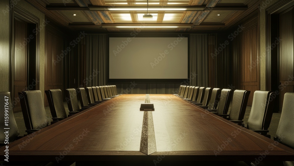 Poster Empty conference room with long table and projector screen.