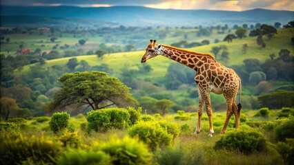 Obraz premium Tilt-Shift Photography of South African Giraffe Grazing in the Wild with Lush Greenery and Scenic Background for Nature and Wildlife Enthusiasts