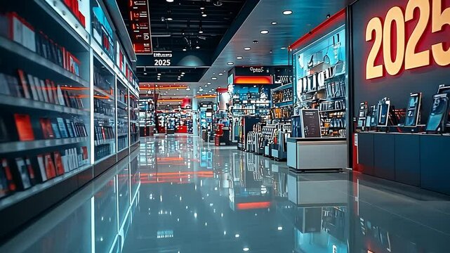 Slow motion shot of an empty futuristic electronics store with neon lights.