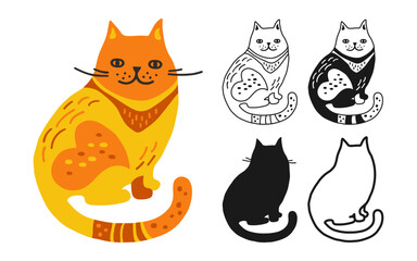 Cat symbol cartoon set. Abstract hand drawn comic kitten linear icon. Stylized pet animal emblem childish collection. Simple sign doodle or silhouette funny cats clipart. Vector isolated illustration