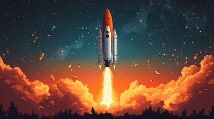 Rocket Launching Through Sunset Clouds Towards Stars