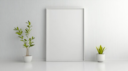 Minimalistic home decor ideas: Explore stylish design with modern indoor plants and a large blank frame for creative inspiration.