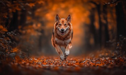 Happy dog running on autumn forest path.