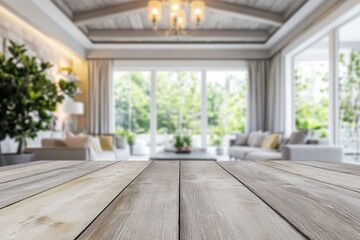 Wooden table in blurred luxury living room.
