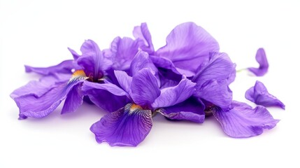 Naklejka premium A close-up of a cluster of purple iris flowers, isolated white background, minimalistic art style