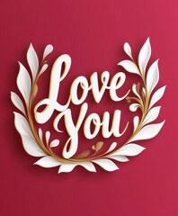 Obraz premium Modern 'Love You' typography in white with a wreath of gold and white leaves on a vibrant red background