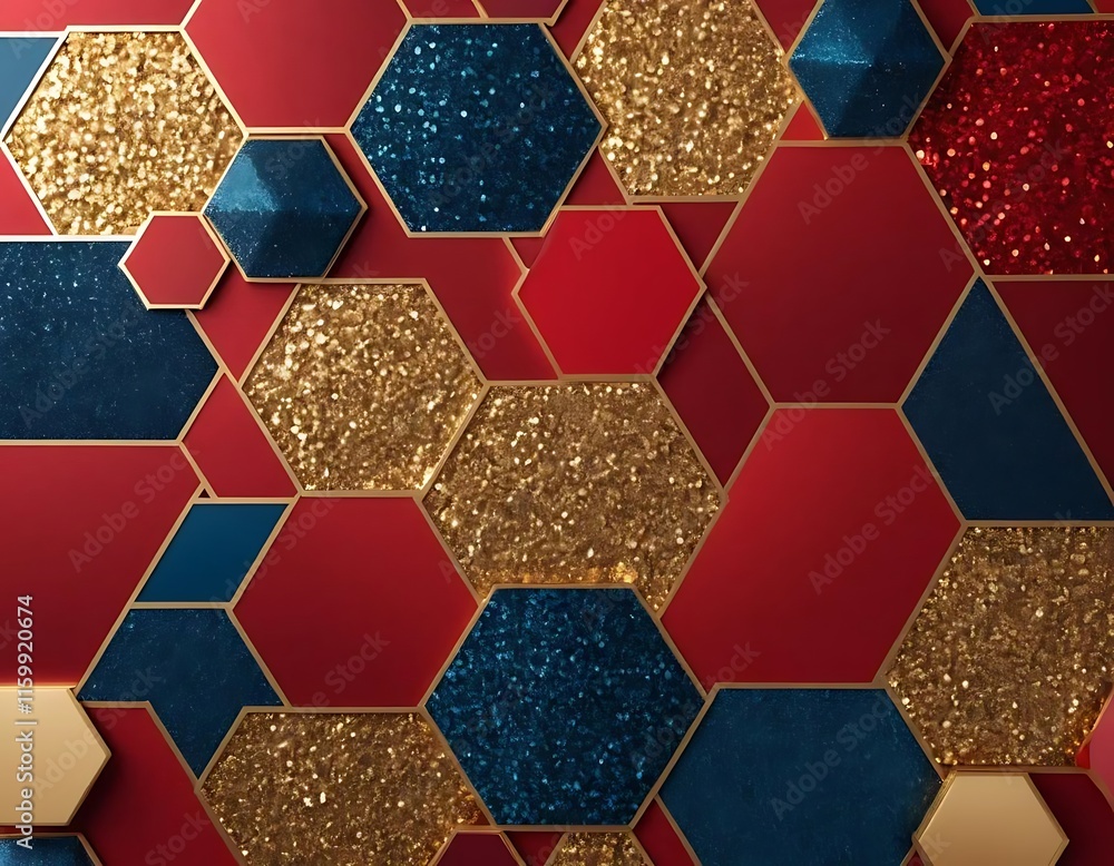 Poster abstract hexagonal pattern with red gold and blue