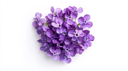 A close-up of a cluster of purple violet flowers, isolated white background, minimalistic art style