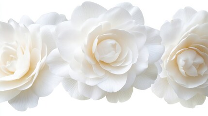 A close-up of a cluster of white camellia flowers with their glossy petals, isolated white background, minimalistic art style