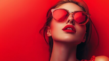 Stylish woman wearing sunglasses against a bold red backdrop