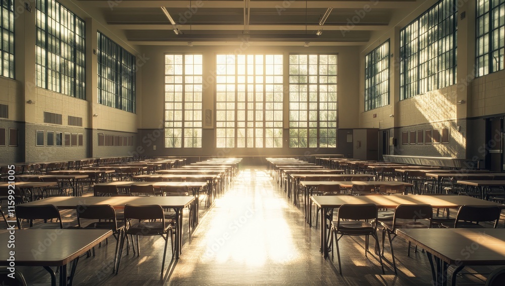 Poster Sunlit spacious hall with rows of empty tables and chairs.