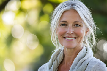Naklejka premium Portrait of happy elegant senior woman with gray hair outdoors : Generative AI