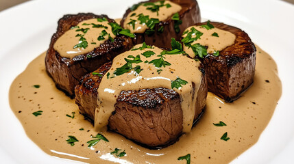 Delicious steak in a white plate with sauce