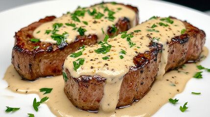 Delicious steak in a white plate with sauce