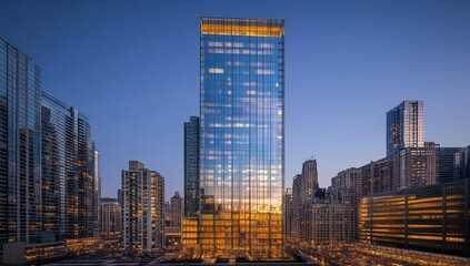 Modern glass skyscraper at sunset in a city skyline.