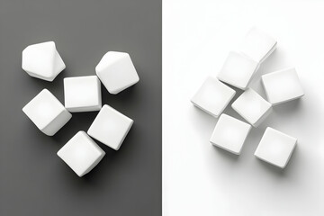 Abstract monochrome image of white cubes scattered on gray and white backgrounds, showcasing contrast and minimalist design.