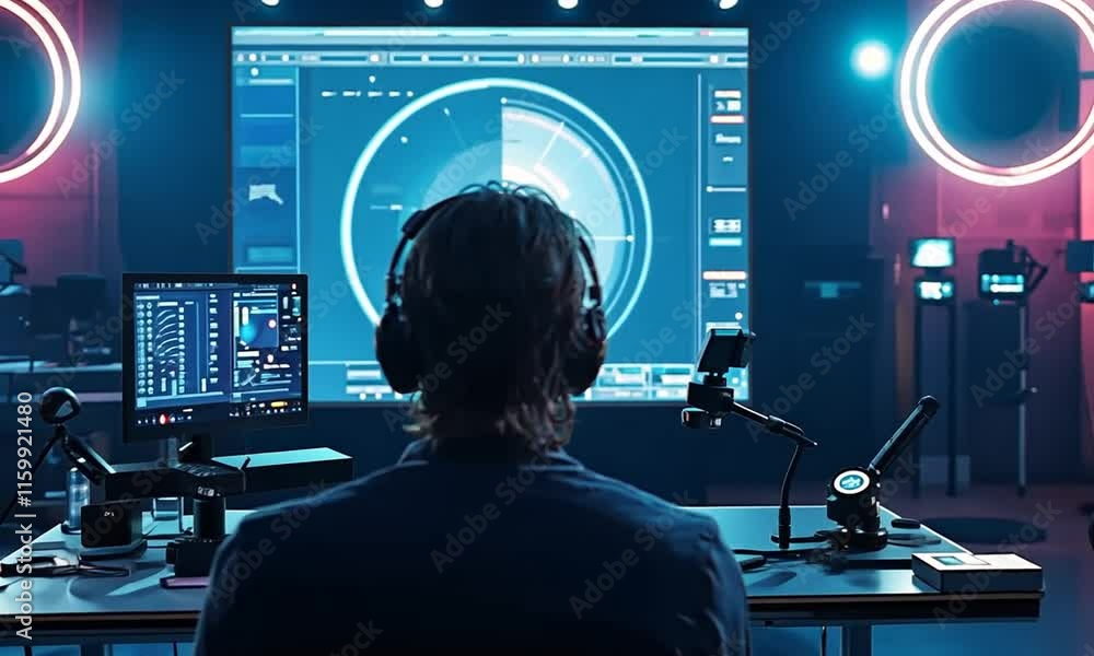 Poster a person monitors data on screens in a high-tech environment.