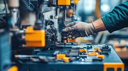Fototapeta premium Technicians repairing a molding machine, close-up of tools and intricate machinery 