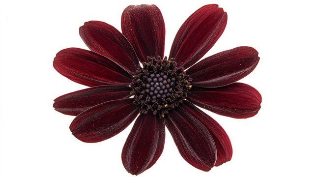 A close-up of a deep burgundy helenium with its daisy-like petals and dark center, isolated white background, minimalistic art style