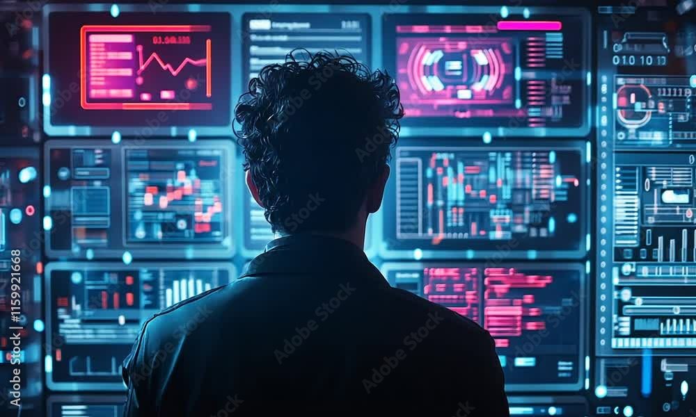 Poster a person observing a futuristic control panel with glowing data displays.
