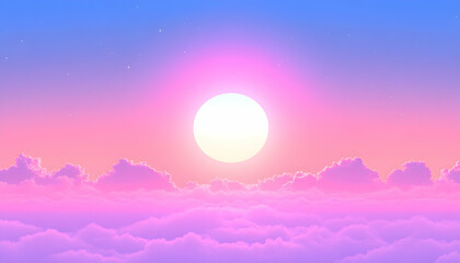 Fototapeta premium Dreamy pastel sunset over fluffy clouds; serene, magical, and ethereal sky scene. Ideal for backgrounds, websites, and social media.