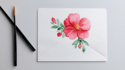 Watercolor floral envelope with pink flower design on white background