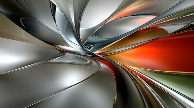 Abstract metallic swirls in vibrant hues of orange, grey, and teal create a dynamic, high-energy visual. Ideal for tech, design, or modern backgrounds.