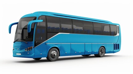 Blue tour bus, side view.