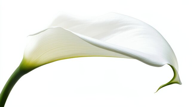 A close-up of a pristine white calla lily with its elegant, smooth curve, isolated white background