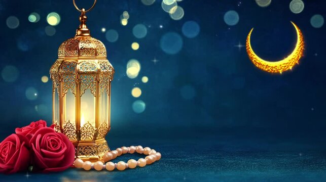 Lantern, rosary, and moon with night blue background Ramadan concept, holy month video footage copy space.
