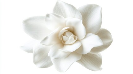 A close-up of a pure white gardenia with its smooth, glossy petals and pristine color, isolated white background