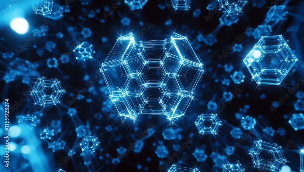 Poster glowing blue hexagonal structures, complex network, abstract background.