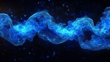 Abstract blue energy wave flowing in dark space with glowing particles.