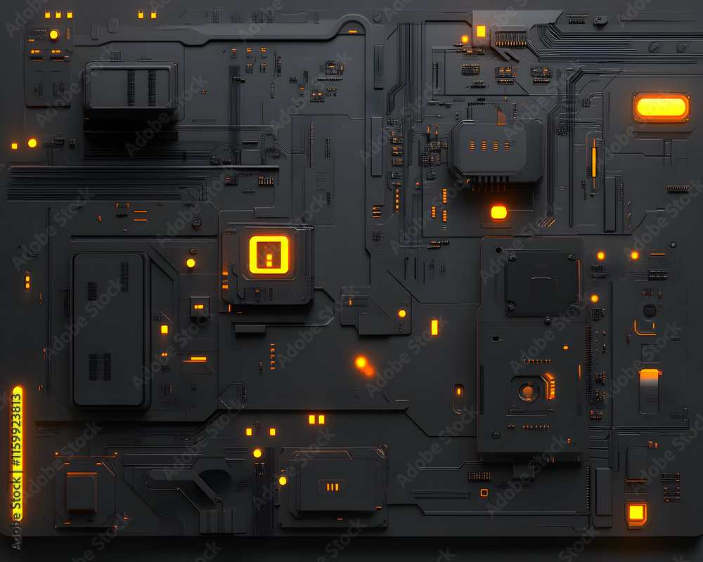 Poster futuristic tech circuit board, dark grey with glowing orange components. abstract technology backgro