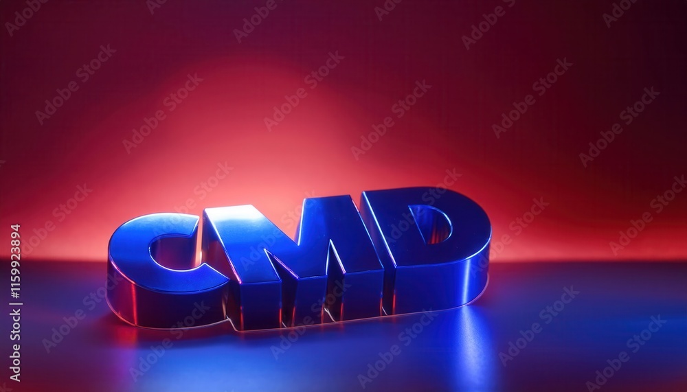 Poster 3d metallic letters displaying cmd in neon lighting