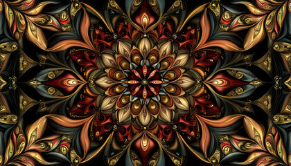 Intricate fractal art; opulent mandala design in rich jewel tones of gold, burgundy, and teal.  Symmetrical pattern ideal for textile, wallpaper, or artistic design.