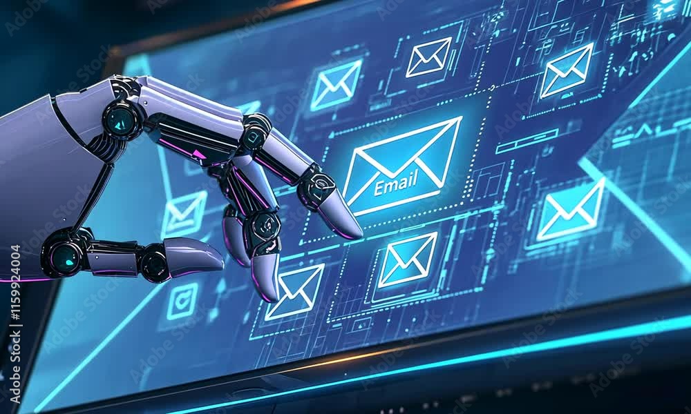 Poster a robotic hand interacts with a futuristic touchscreen displaying email icons.