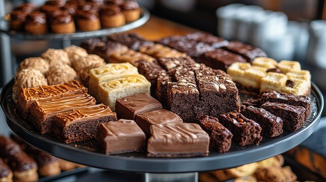 Delicious assortment of chocolate brownies, cookies, and pastries on a tiered display.