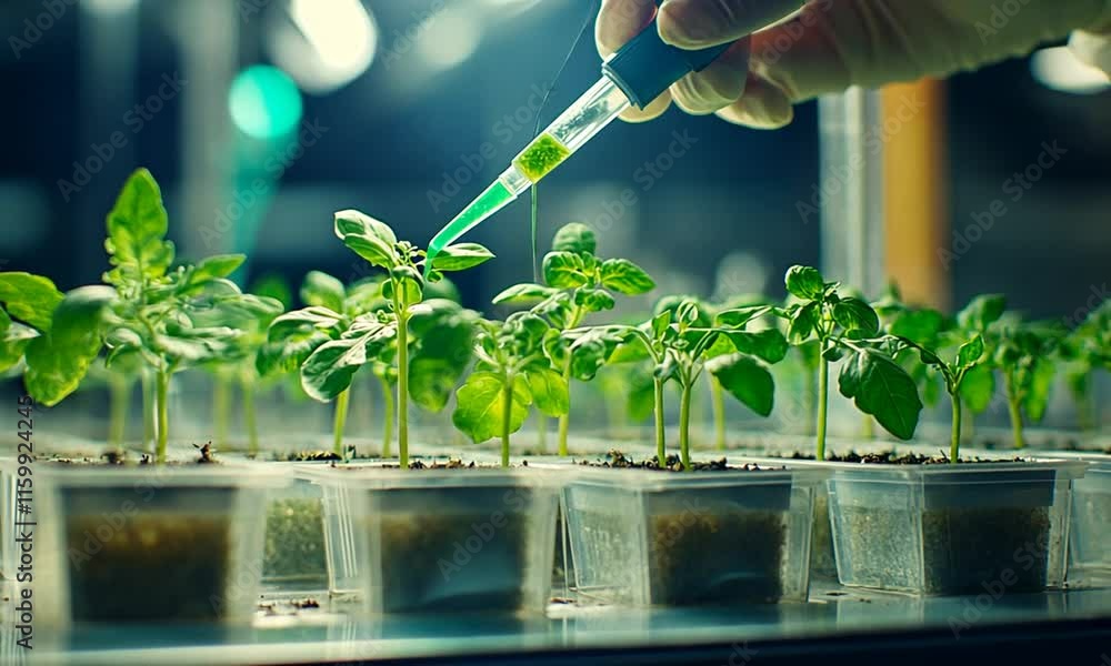 Poster a scientist using a pipette to nurture young plants in a lab setting.