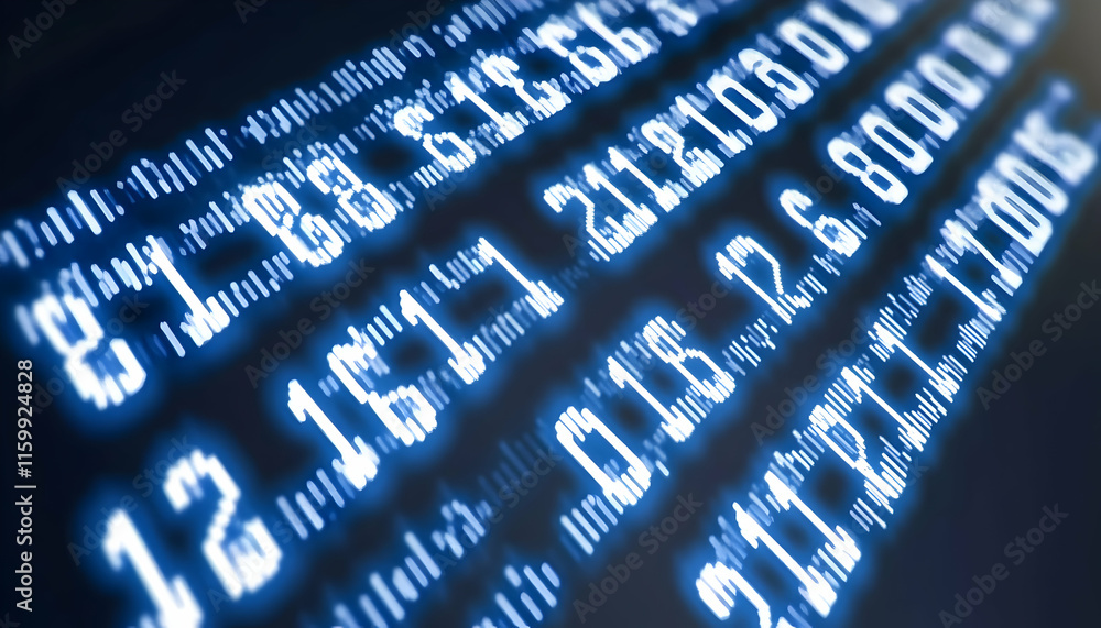 Poster abstract close-up of glowing blue digital numbers scrolling on a dark screen, suggesting data flow, 