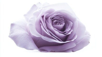 A close-up of a soft lavender rose with its velvety, smooth petals and gentle color, isolated white background