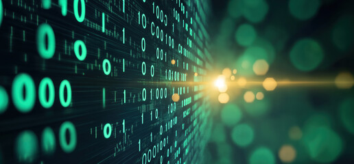 A mesmerizing digital landscape showcasing binary code, with glowing elements symbolizing data flow and technology in a futuristic setting.